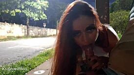 redhead amateur gives risky public street blowjob with dirty talk