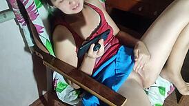 that korean milf sneaks porn at night, fingers her wet tight pussy close-up till she cums hard.