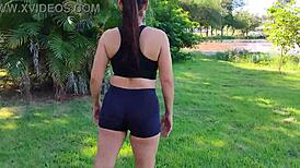 Police catch the hot milf sucking off a young stud right in the public park, what a risky deepthroat moment!