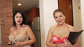 real estate latina mommy and petite blonde roommate show off their pink shaved pussies during apartment tour
