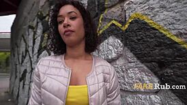 Silly ebony curly babe flashes pussy outdoors for cash then gets fucked hard