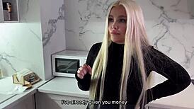 Sexy blonde in stockings rides cock cowgirl with horny couple