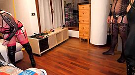 check out lady morgana and miss kika dominating slave paolo backstage with strapon and whips