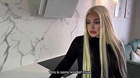 Sexy blonde in stockings rides cock cowgirl with horny couple