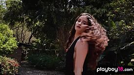 Megan Blake's big boobs bounce as she strips in the garden 😍🌺🍈