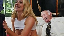 old dude gets double footjob from young babe in shower