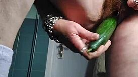 Grandma stuffs hairy pussy with huge cucumber, you believe this?!