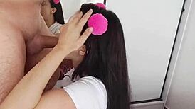 Schoolgirl stepdaughter sneaks in to fuck alone stepdad in bedroom