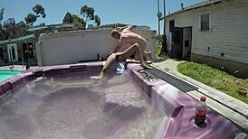 Skinny slut deepthroats monster cock gagging in jacuzzi bath