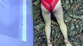 Pretty Japanese teen ass workout shakes in tight red thong
