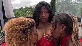 friends teach cute brazilian to tease with toys and squirt