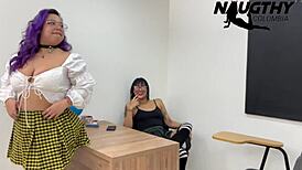 damn, these beautiful classmates tease big natural tits before lesbian pussy licking in class