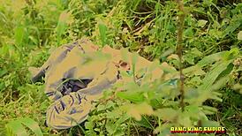 naughty hairy latina ebony pussy rides big black cock in outdoor threesome garden