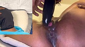Ebony Masked Babe Dripping Squirt Orgasm On Huge Dildo