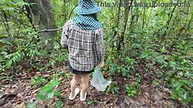 thai girl chats while foraging mushrooms in forest then flashes her body deep in the woods with clear thai audio