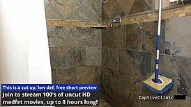 tsayyyy sneaks backstage to spread michelle anderson's gaping latex gloved pussy in shower