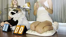 hey girls wanna make this big cock explode in our double handjob dice game?