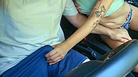 Latina teen gf flashes tits then rides big cock cowgirl in hidden car creampie quickie