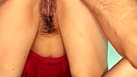 Step-sis's soaked hairy pussy tempts under tight miniskirt begging for deep doggystyle