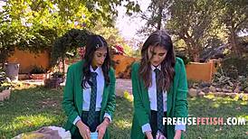 a nerdy uniform threesome unfolds outdoors where bookish teens get freeused doggystyle