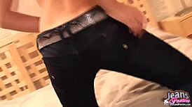 Petite babe tries on new skinny jeans and panties