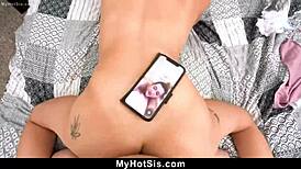 stepsister sneaks in to suck stepbro's cock during his girlfriend's video call