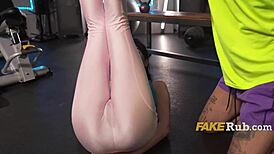 fitness trainer gets client dripping wet in yoga session