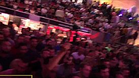 Brunette's natural tits bounce wildly on stage during intense outdoor fucking session