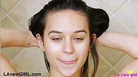 teen brunette model strips in shower for daddy casting photoshoot interview