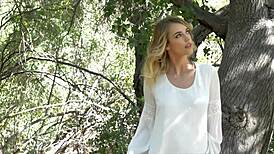 Stunning blonde uh gets naked between trees damn!