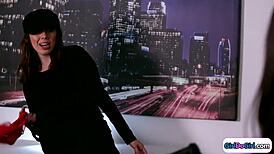 Milf bites teen nipples then licks her pussy deep.