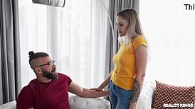 blonde maid in jeans delivers wet blowjob facial from athletic russian stud