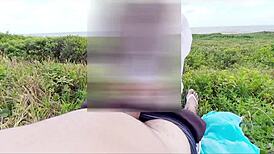 Brunette's juicy ass licked outdoors before tight pussy creampie public