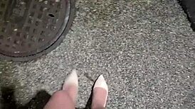 ting xuan pees outdoors publicly then masturbates her shemale cock to cum on thigh