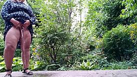 hey my chubby mother-in-law pees standing outdoors wild