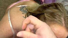 stepmom jumps on stepson's huge dick licks his big balls and takes cum on tits