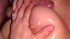 Overwhelming Ecstasy Cumming on Her Huge Tits After Wet Shower Blowjob