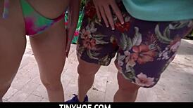 hey check this tiny petite blonde babe ditching her bikini to bounce that cute ass on a lucky dick