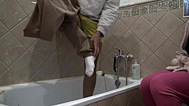 taboo stepmom spies on stepson scrubbing his huge dirty cock in the shower