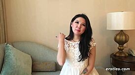 Ameliya spreads legs fingers shaved pussy clit intimately on bedroom bed