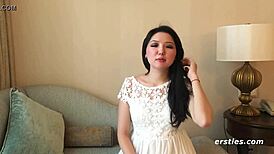 Ameliya spreads legs fingers shaved pussy clit intimately on bedroom bed