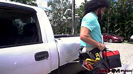 Lolly Dames milf offers handyman James Angel wet pussy footjob ride