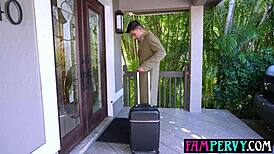 Curvy big boobs milf stepmom greets stepson with pov blowjob doggystyle and bent over pounding