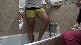 taboo stepmom spies on stepson scrubbing his huge dirty cock in the shower