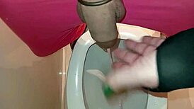 we're peeing together in the bathroom while i'm dressed as his sexy woman lover