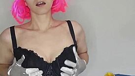 hey watch me grope my big natural tits in kitty mask on bed with dildo