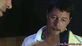 two teen 18+ hotties stroke suck old cock for massive facial cumshots