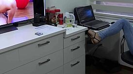 curvy latina milf housewife masturbates hairy pussy in lingerie while stepson watches and jerks