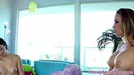 dominant babes strap on and pound their sub guy relentlessly in wild threesome