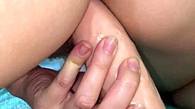 Stepbrother fingers stepsister's wet pussy close-up then cums inside multiple times